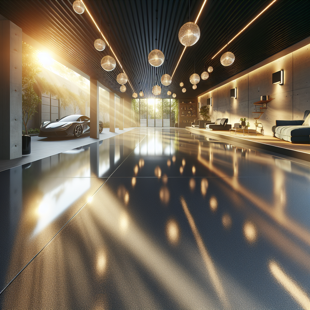 A realistic image of a glossy, seamless epoxy floor in an indoor setting.