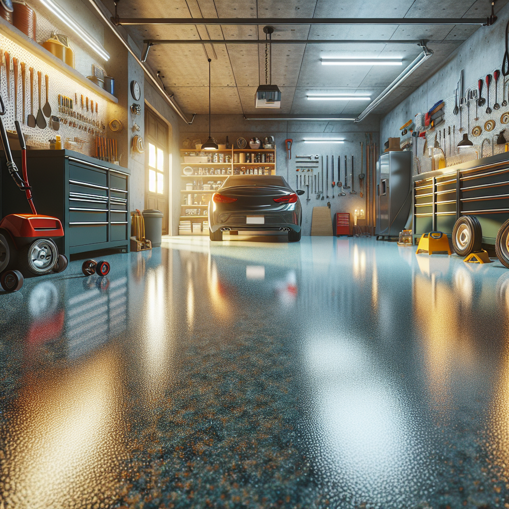 A realistic depiction of an epoxy garage floor with a glossy finish in a well-organized garage.