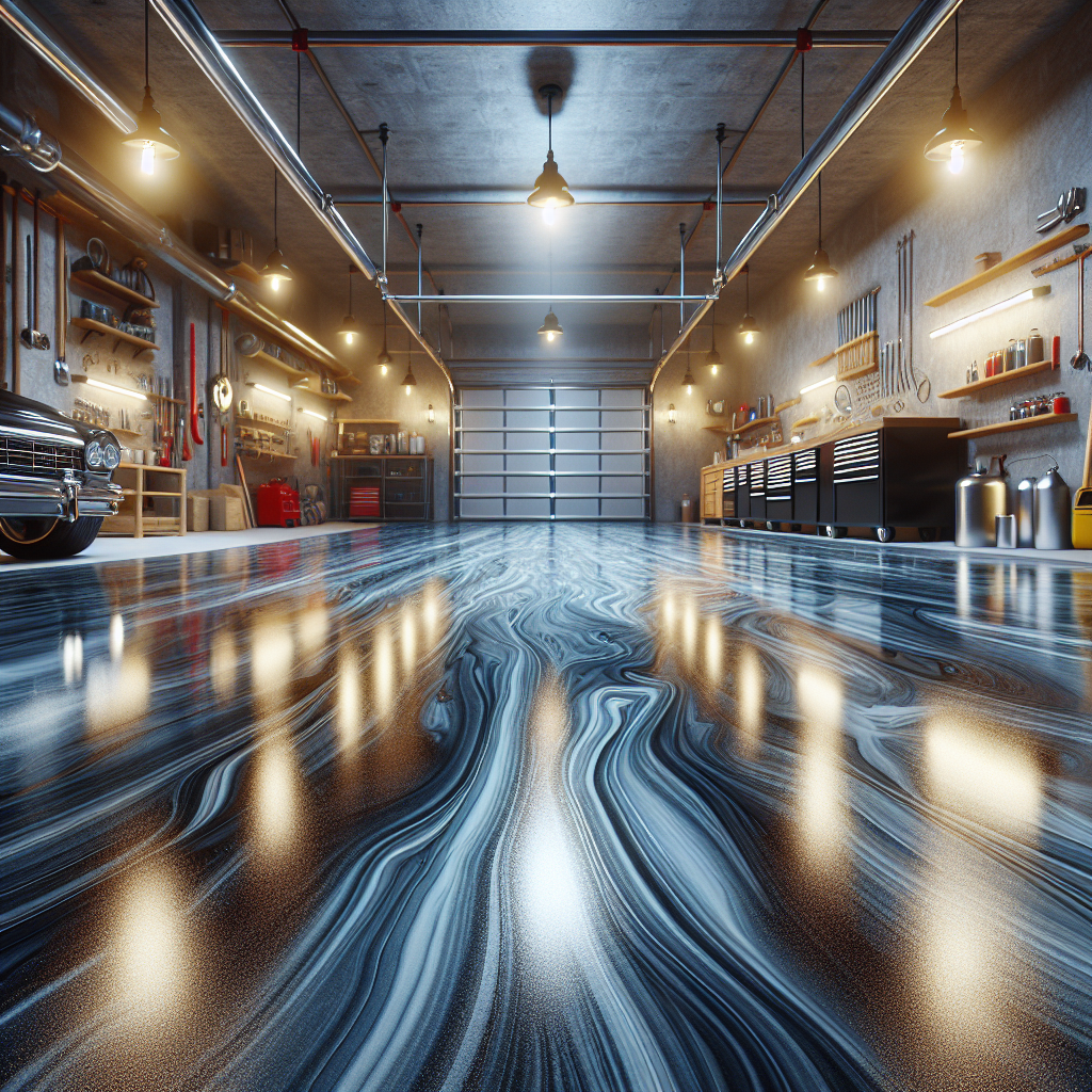 A realistic depiction of an epoxy garage floor with a pristine, shiny surface in a typical garage environment.
