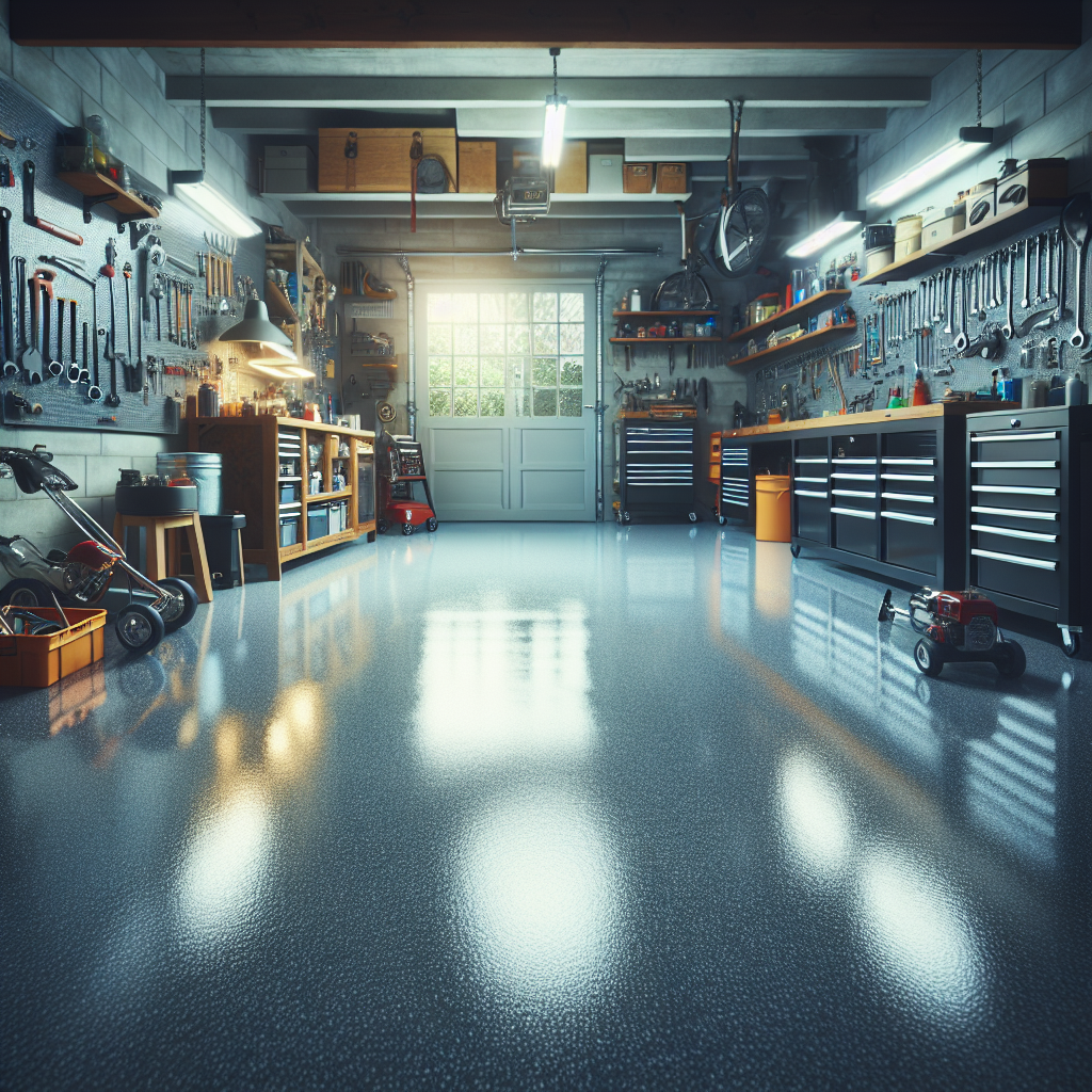 A realistic image of a garage with a polished epoxy floor, tools neatly arranged, and natural light illuminating the space.