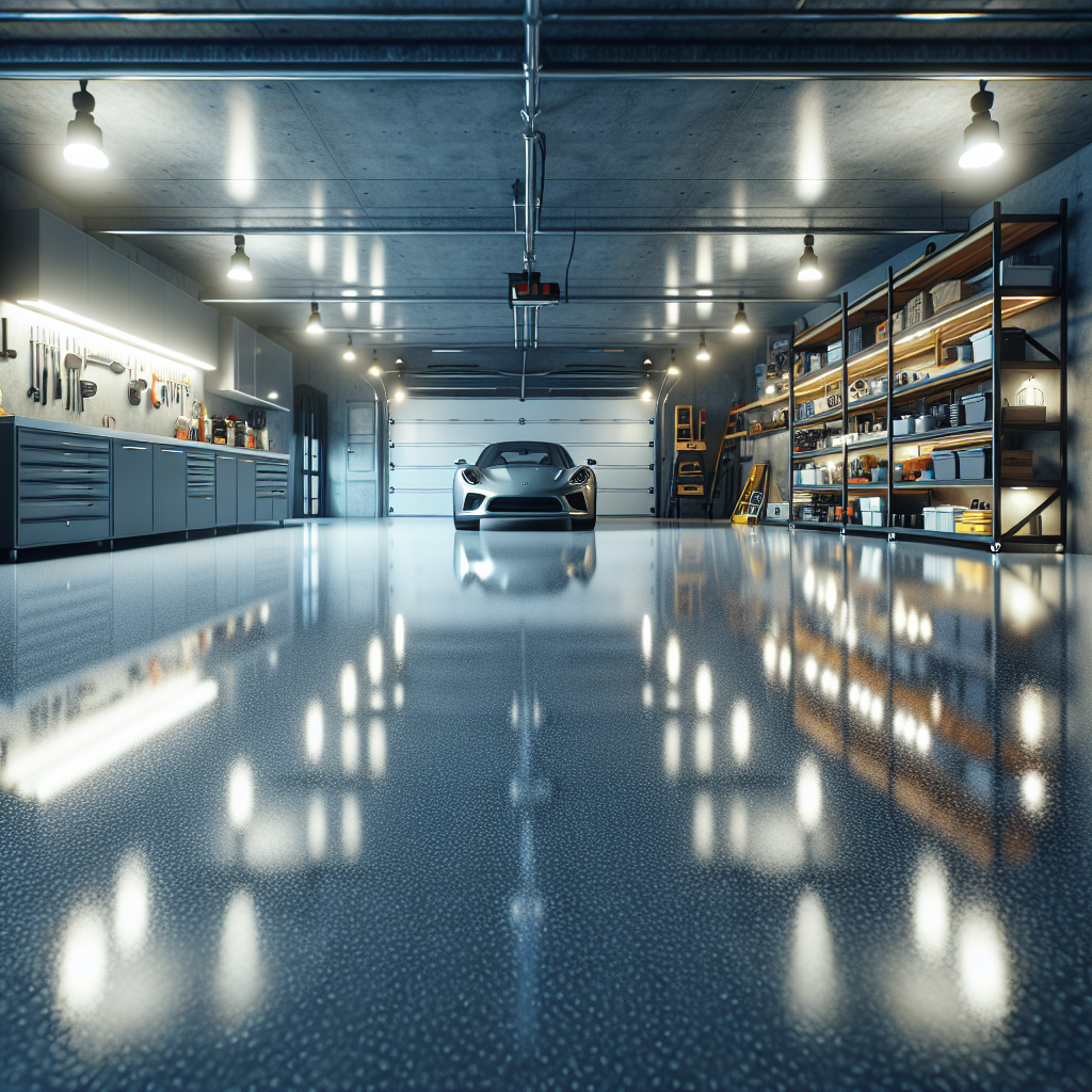 A pristine epoxy-coated garage floor with a smooth, glossy finish and well-organized storage.