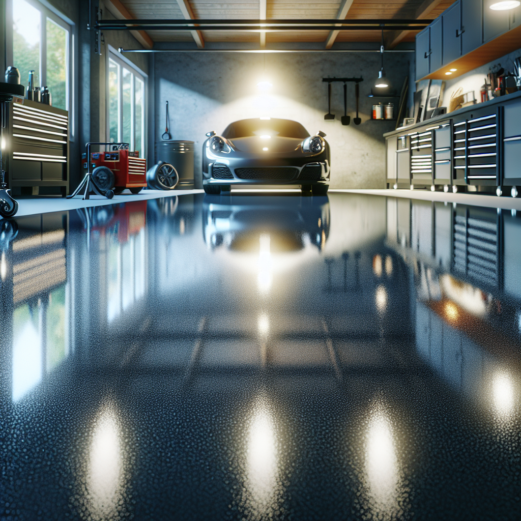 A realistic depiction of an epoxy garage floor with a glossy, smooth surface in a clean, modern garage setting.