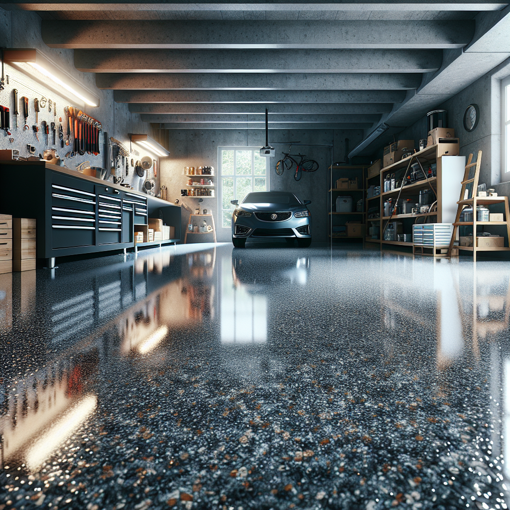 A realistic image of an epoxy garage floor with a smooth, glossy finish and neat garage elements.