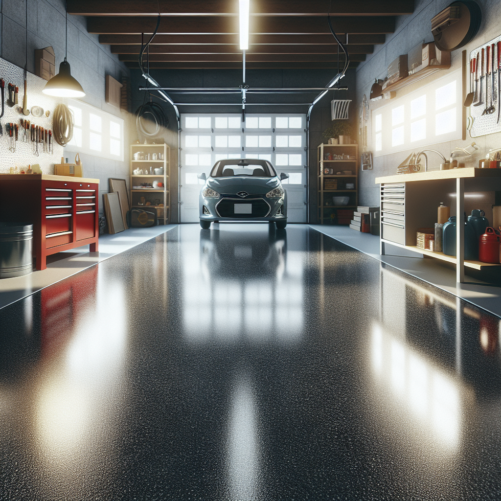 A realistic image of an epoxy garage floor with a clean, glossy finish, organized garage setup, and a parked car.