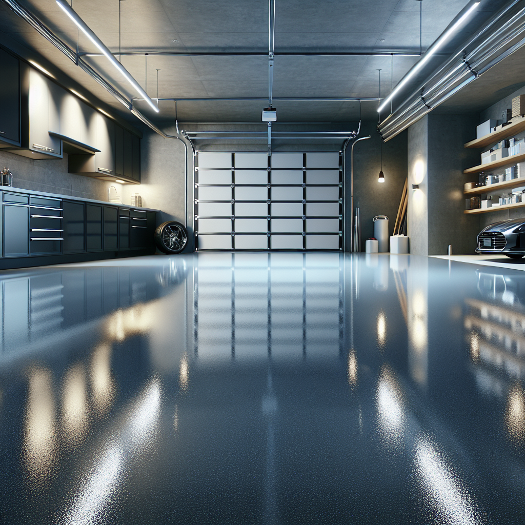 A sleek, epoxy-coated garage floor with a polished, high-gloss finish.