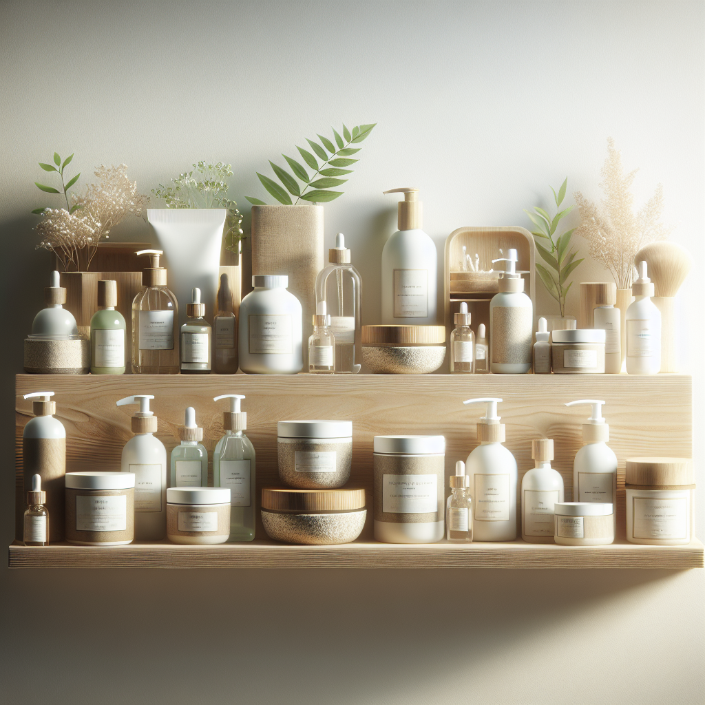 An assortment of natural skin care products on a wooden shelf.