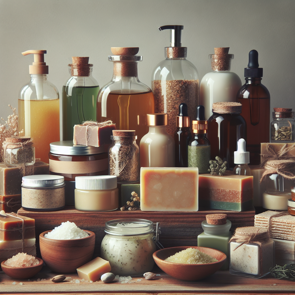 Assorted natural skin care products on a wooden shelf with labels visible.