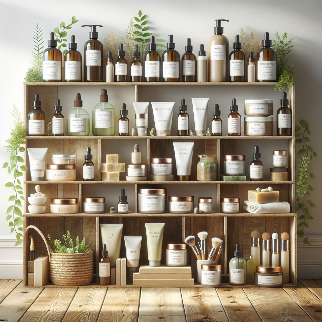 Assorted natural skincare products on a wooden shelf in a boutique.