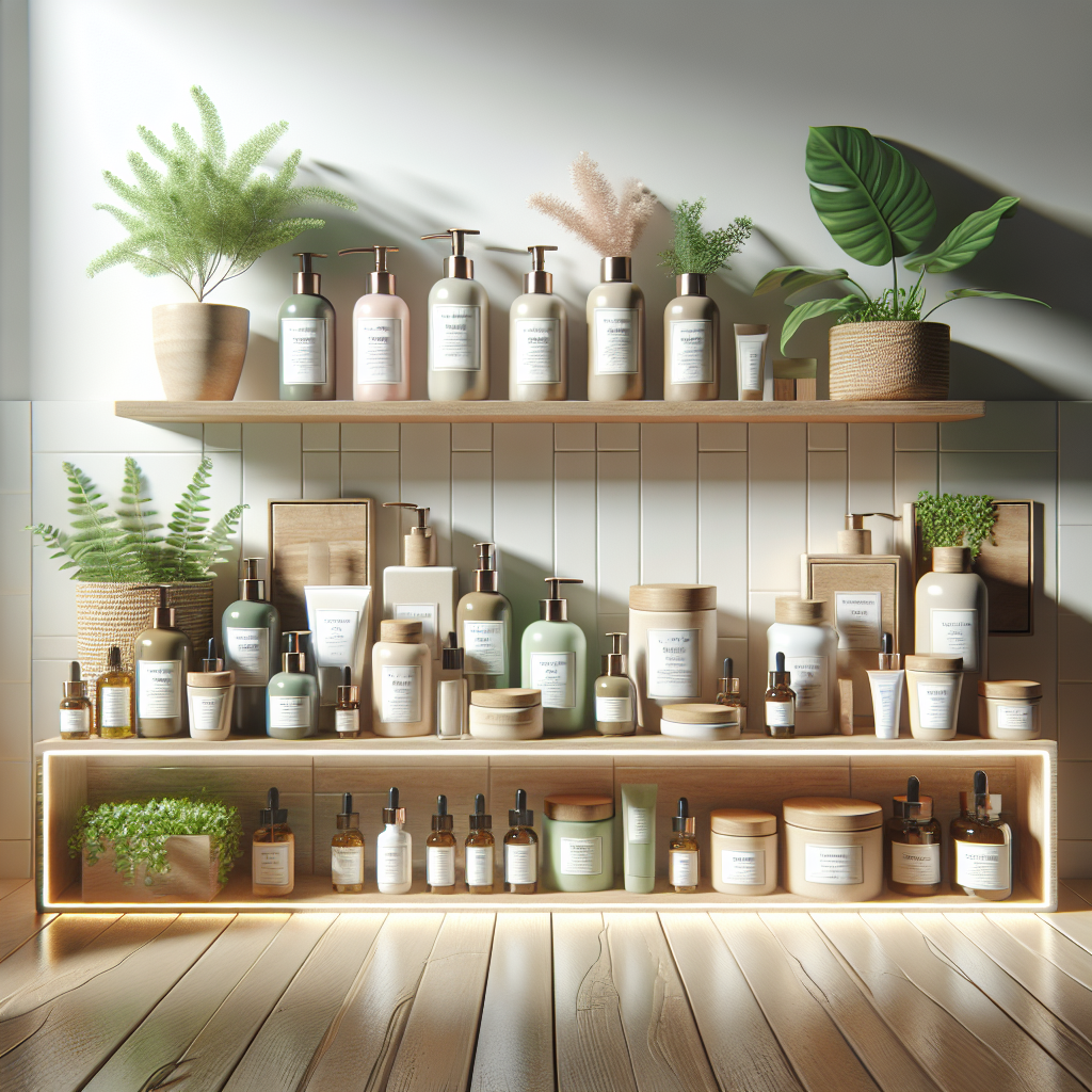 Natural skincare products on a wooden shelf in a bright bathroom setting with a small potted plant.