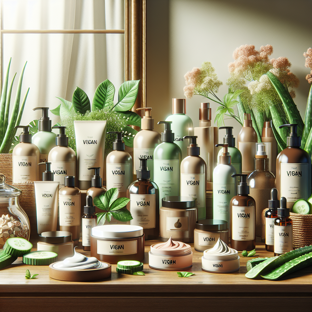 A realistic depiction of vegan skincare products arranged on a wooden vanity with natural elements.