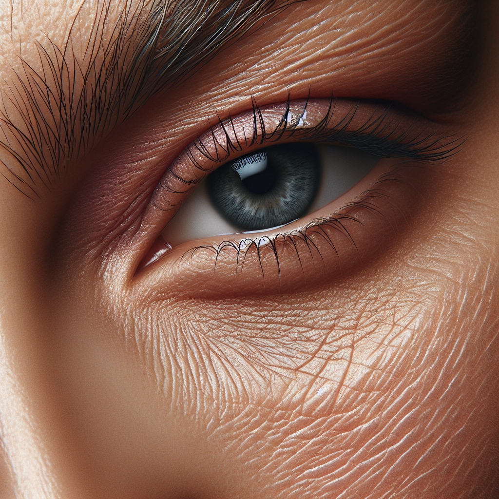 A close-up realistic image of the human eye area, highlighting crow's feet and skin texture.