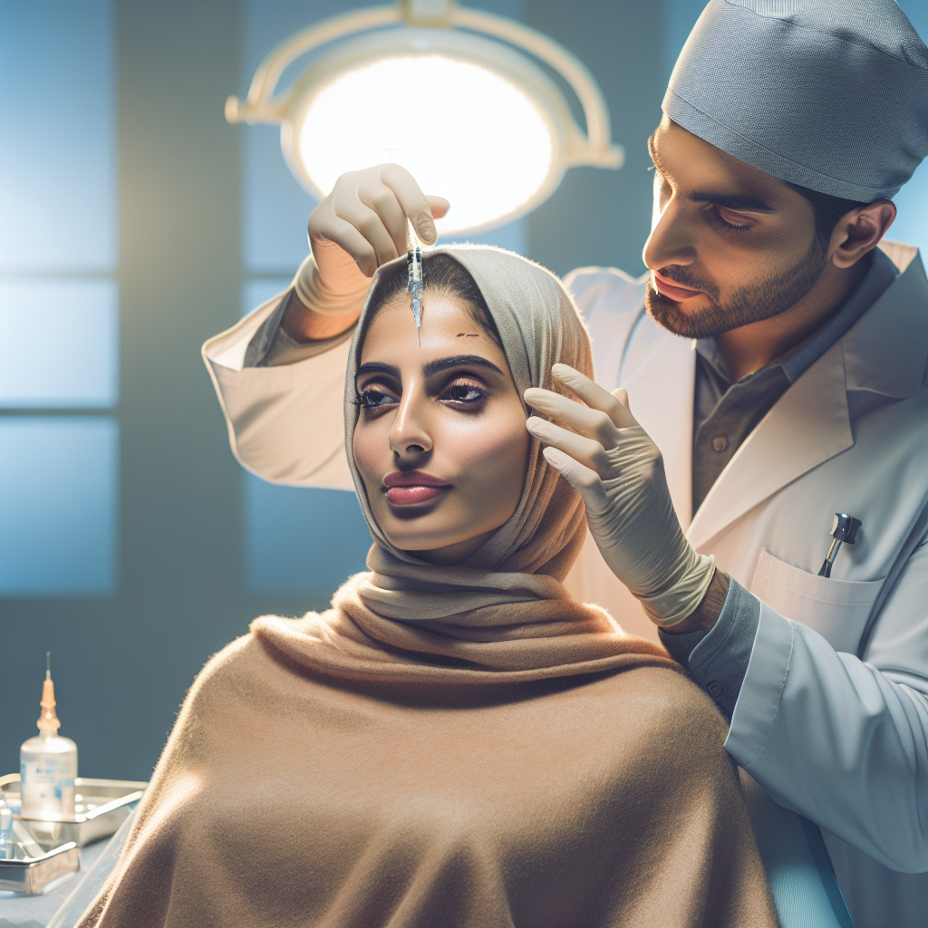 A woman in a clinical setting receiving forehead dermal fillers.