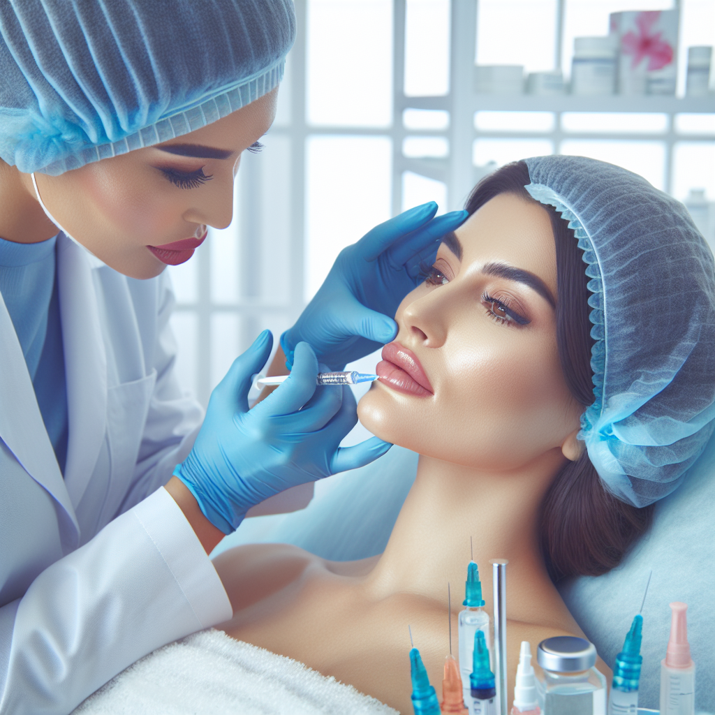 A realistic depiction of a professional applying lip fillers in a modern clinic.