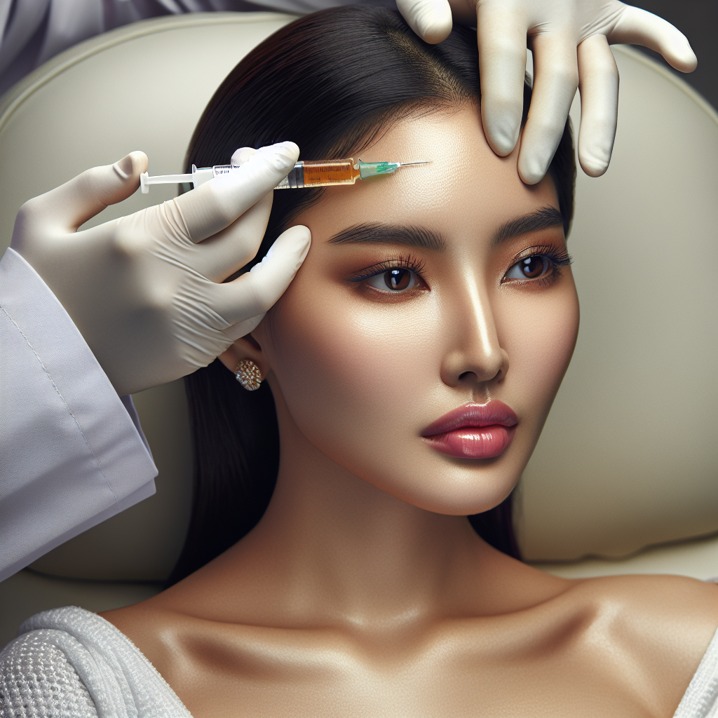 A woman receiving dermal fillers on her forehead in a realistic and professional setting.