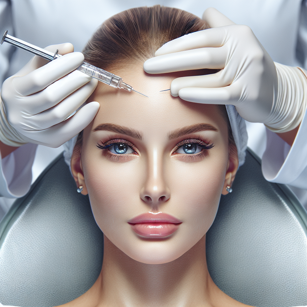 A realistic depiction of a woman receiving dermal fillers on her forehead in a clinical setting.