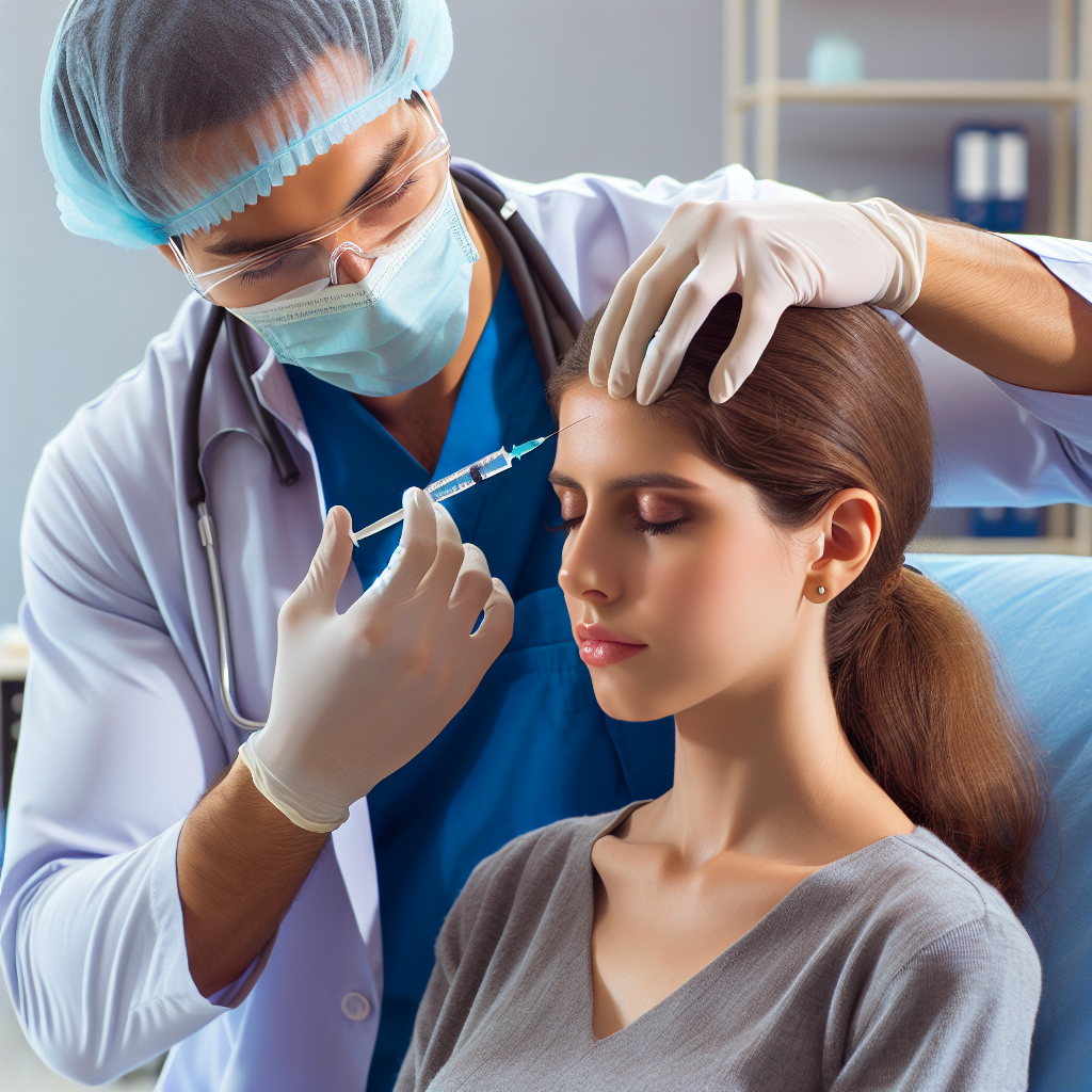 A realistic depiction of a Botox injection for migraines in a clinical setting.