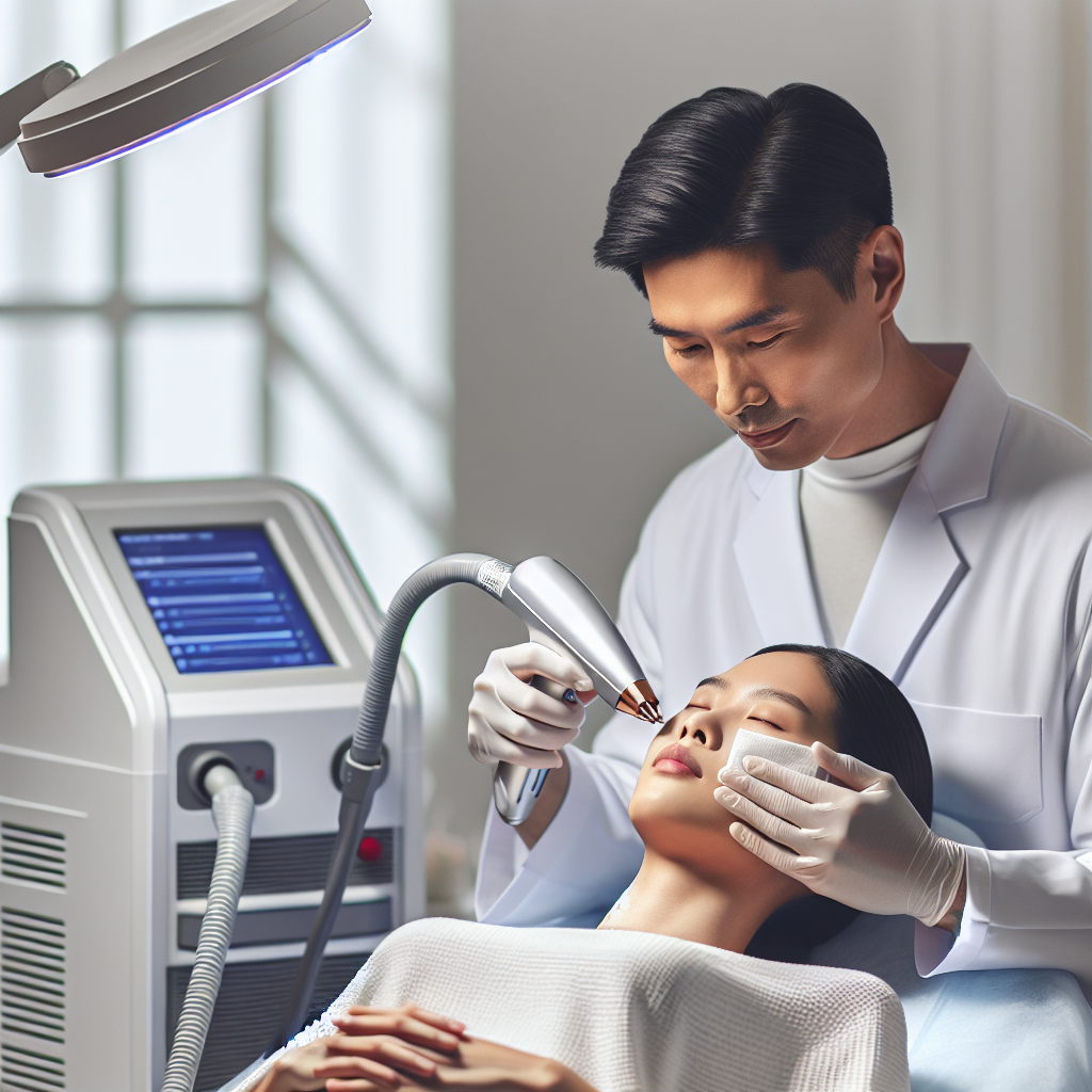 A realistic depiction of a facial laser hair removal procedure in a modern clinic.