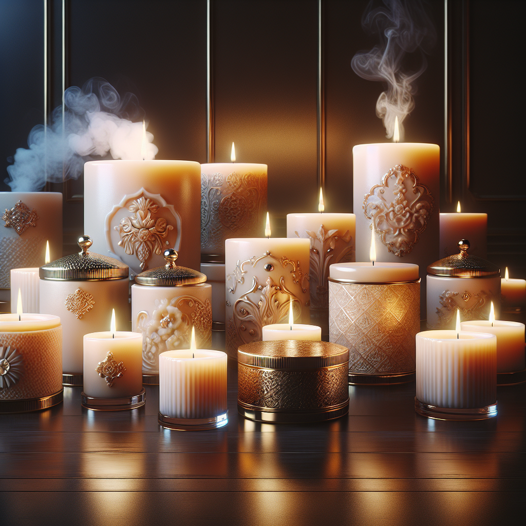 Assorted luxurious scented candles on a wooden surface with a soft glow.