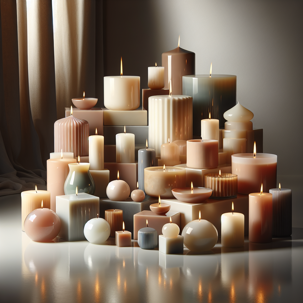 An assortment of luxurious scented candles with a realistic style, emphasizing their glossy texture and soft flame glow.