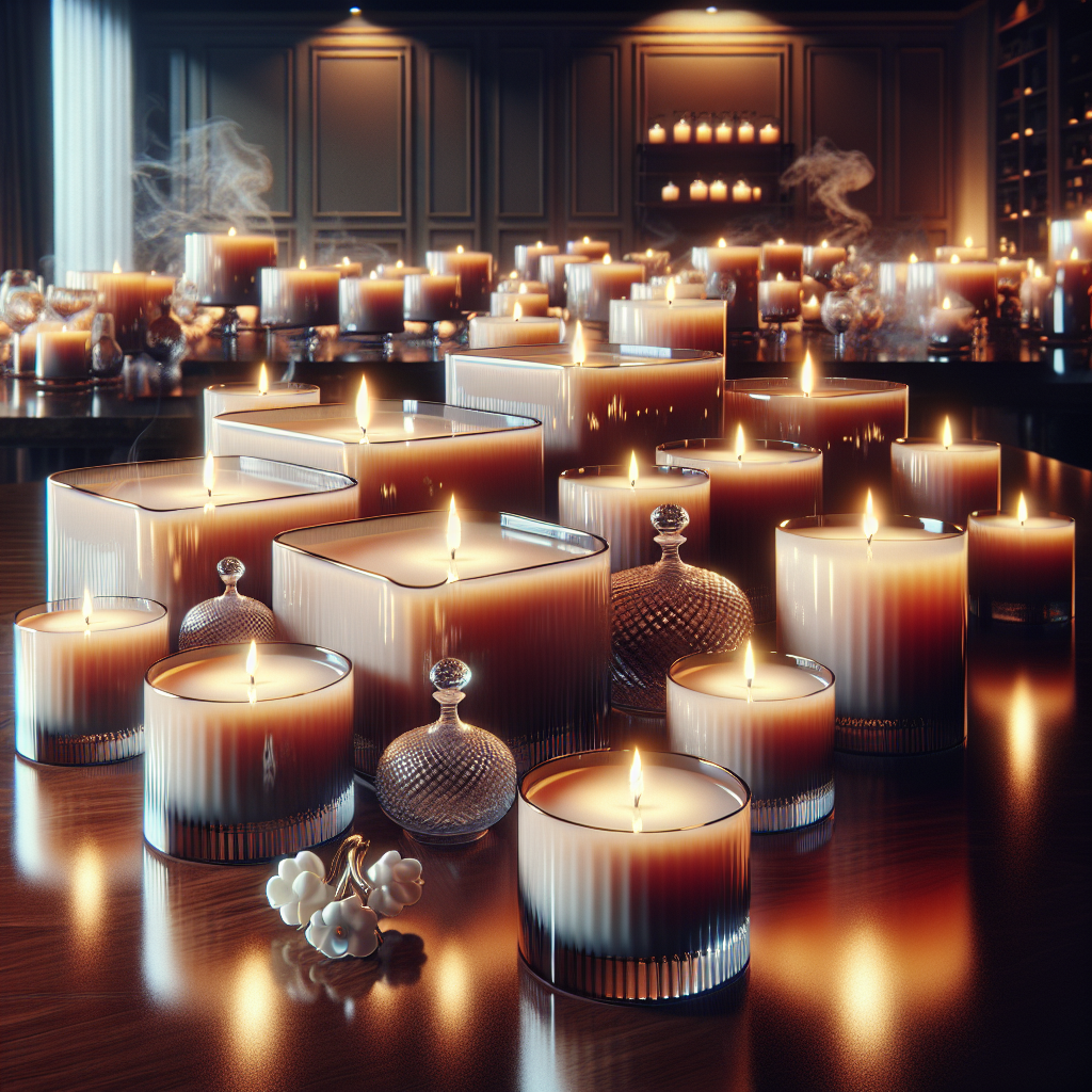 Assorted luxurious scented candles with wisps of smoke on a polished wooden surface, emitting a warm glow.