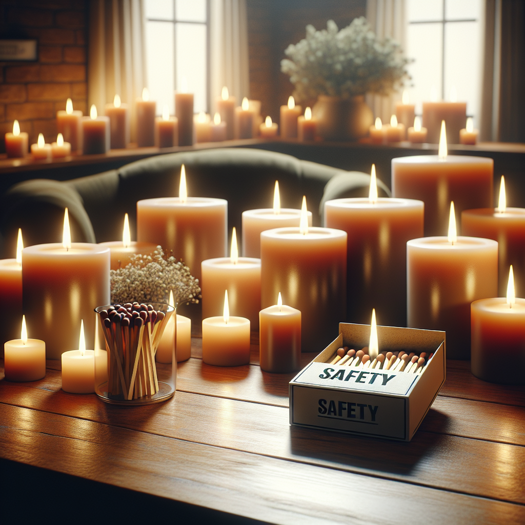 A collection of soy candles on a wooden surface in a home environment, showcasing the concept of candle safety.