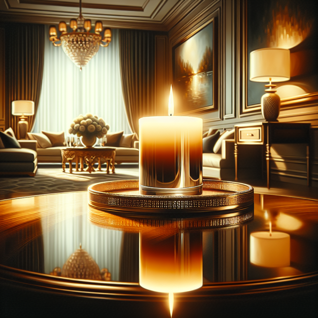 Luxury scented candle on a polished wooden table in an elegant room with a warm ambiance.