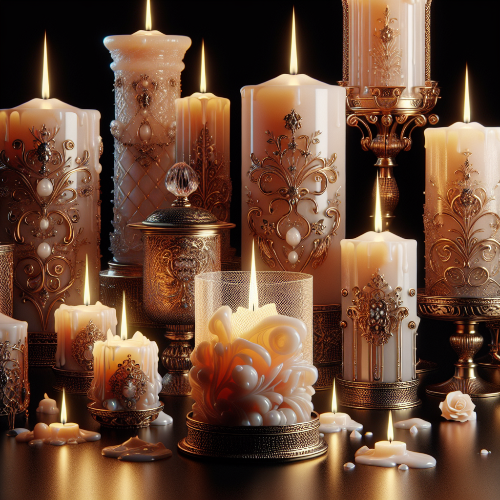 Realistic image of a variety of aromatic candles with intricate designs, depicting the warm glow and ambience they create