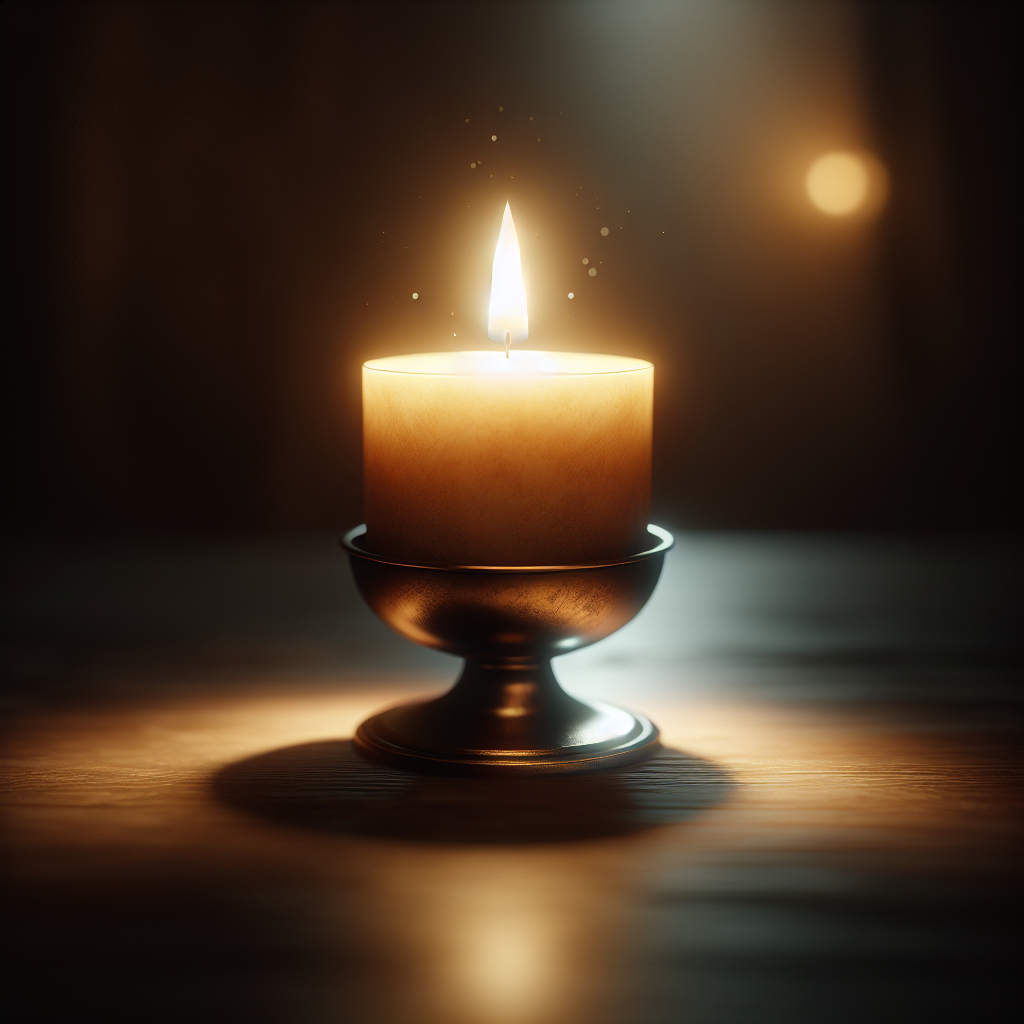 A realistic image of a tranquil candle-lit scene with a 'Be Calm' candle.