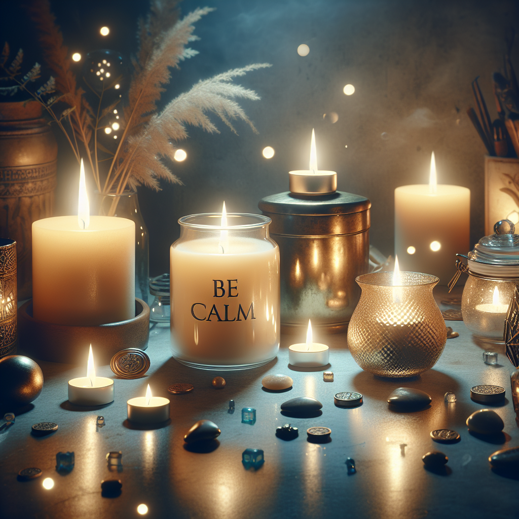 A serene and realistic image of 'Be Calm' candles with soft flames and tranquil atmosphere.