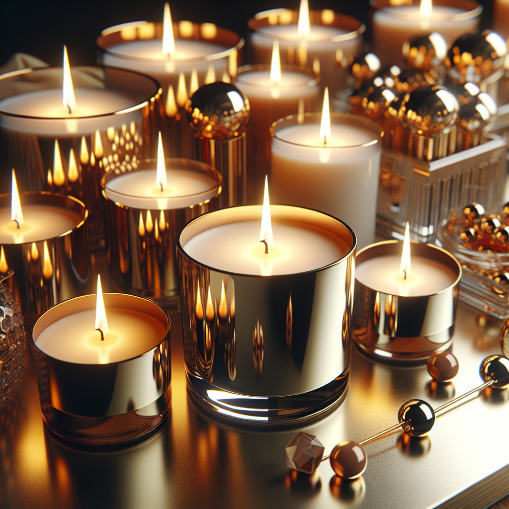 Luxury scented candles arranged elegantly with realistic textures and warm glow.