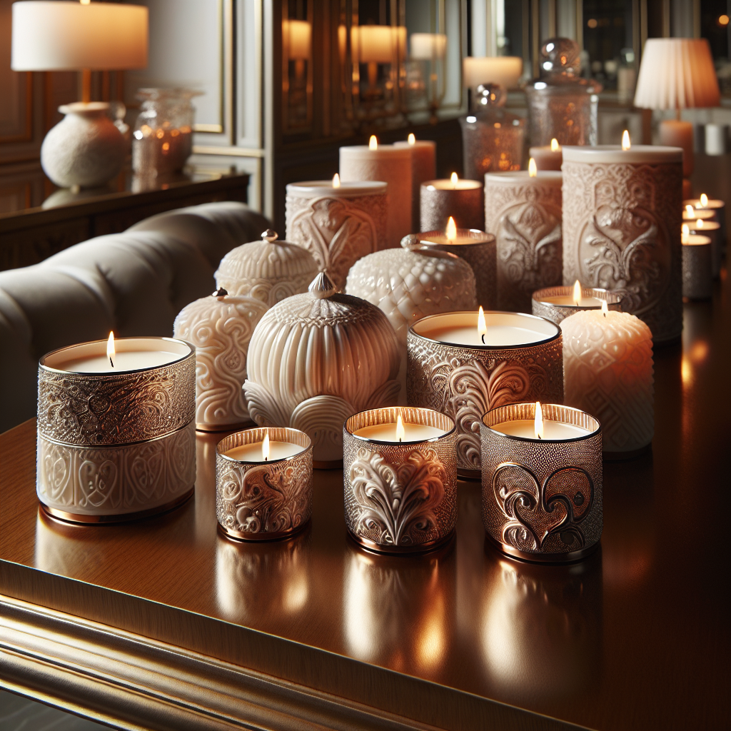 Luxury scented candles arranged on a wooden table with a realistic and elegant ambiance.