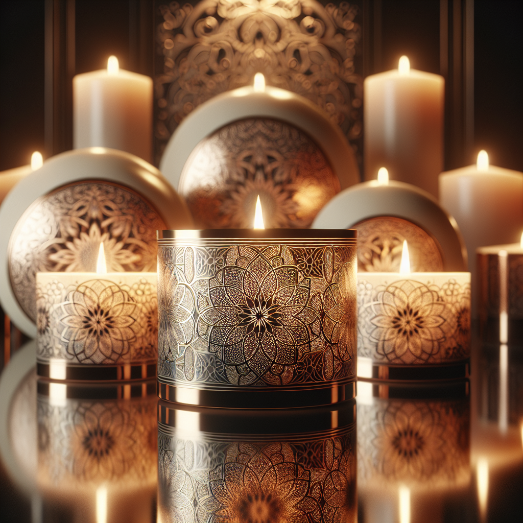 Luxury scented candles with warm light and intricate designs on a reflective surface.