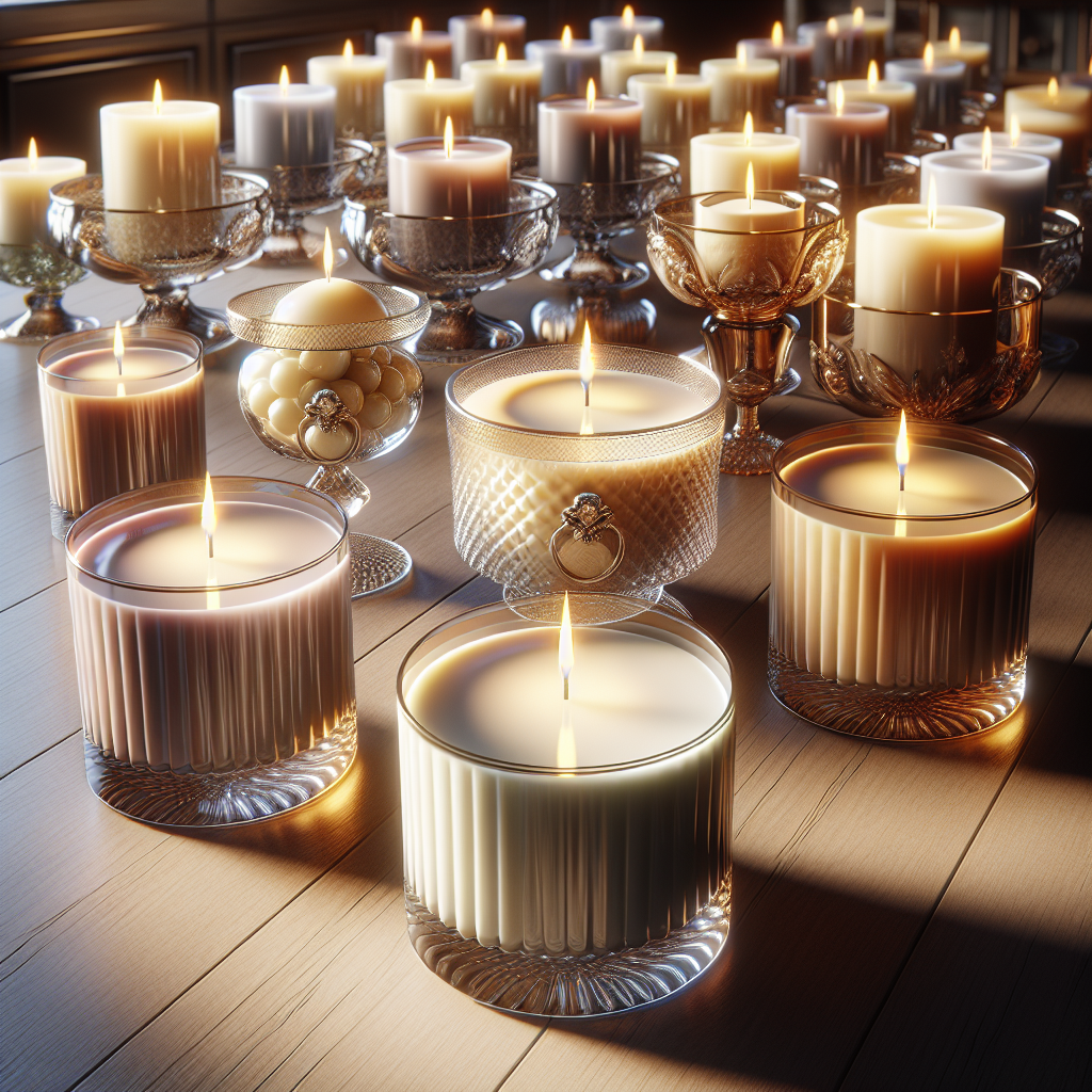 Luxury scented candles on a wooden surface, showcasing elegance and tranquility.