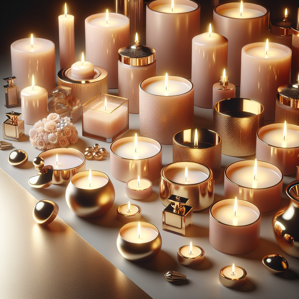A collection of realistic luxury scented candles with fine details highlighting premium quality and tranquil ambiance.