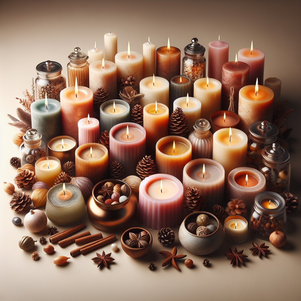 Assortment of aromatic candles arranged elegantly with a warm glow.