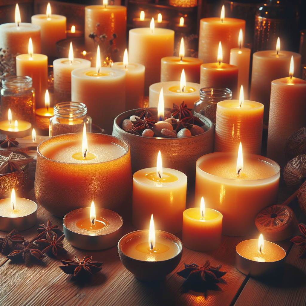 A realistic arrangement of aromatic candles with a warm and cozy atmosphere.