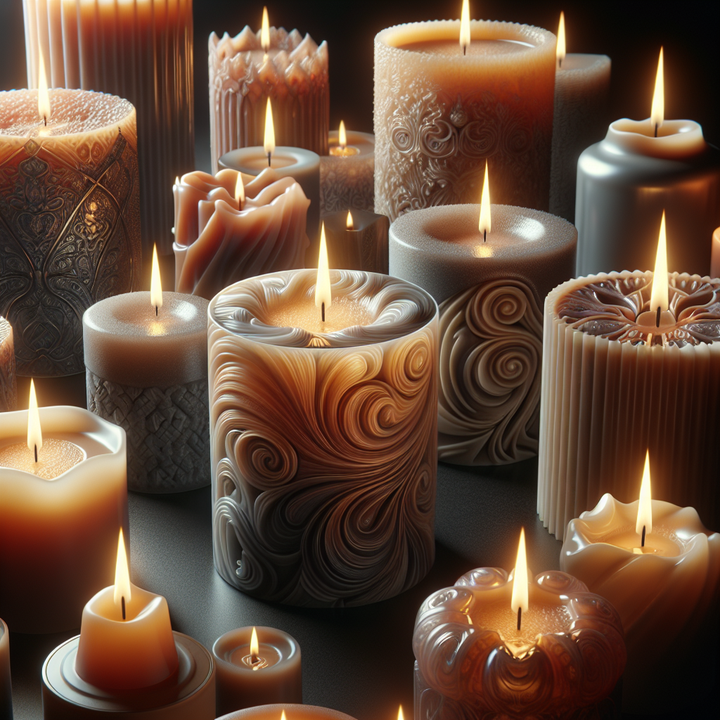 Realistic image of an assortment of aromatic candles with intricate designs and a warm, inviting glow.