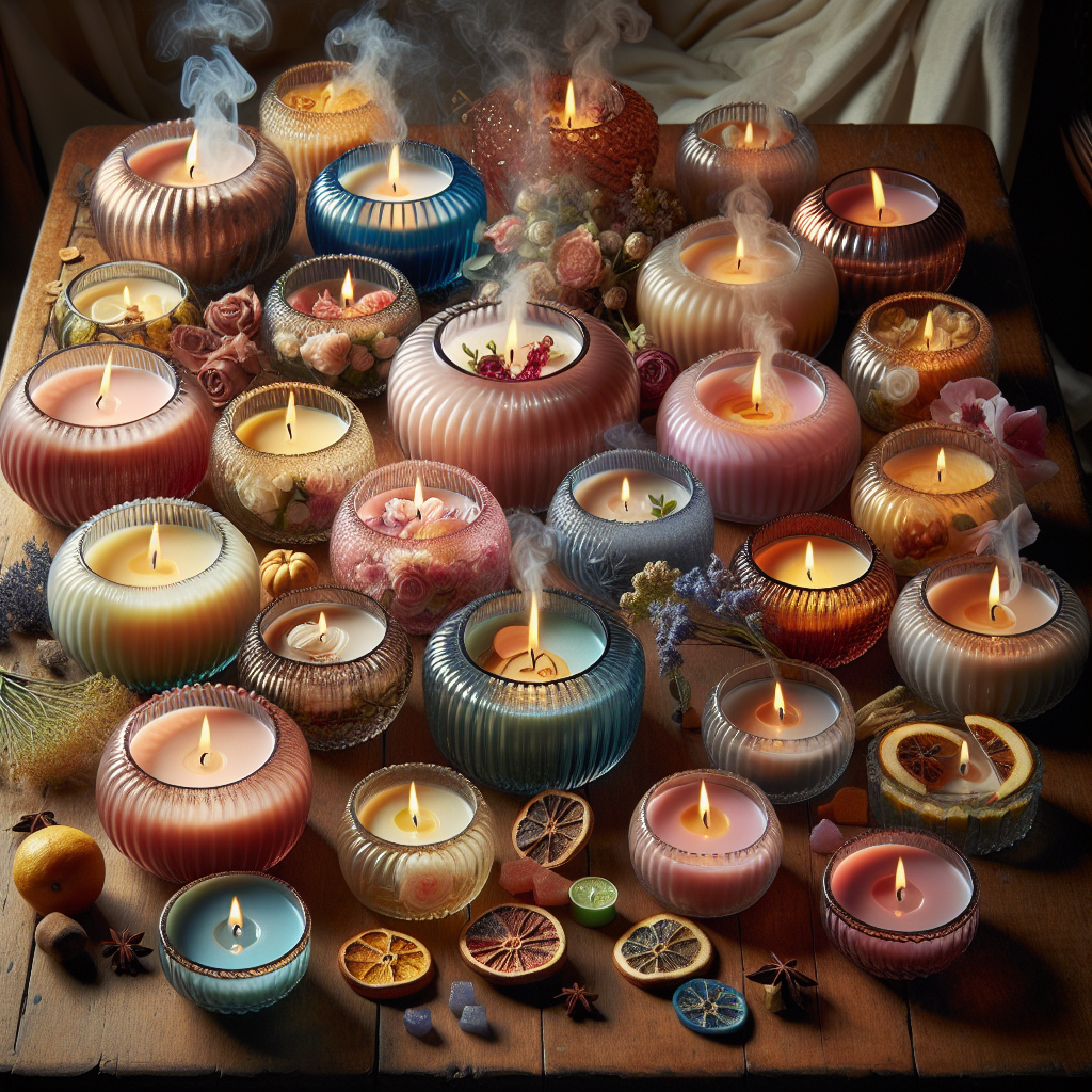 A realistic depiction of various scented candles in colored glass containers, with smoke and fragrance elements such as flowers and fruits, set in a warm, cozy ambiance.