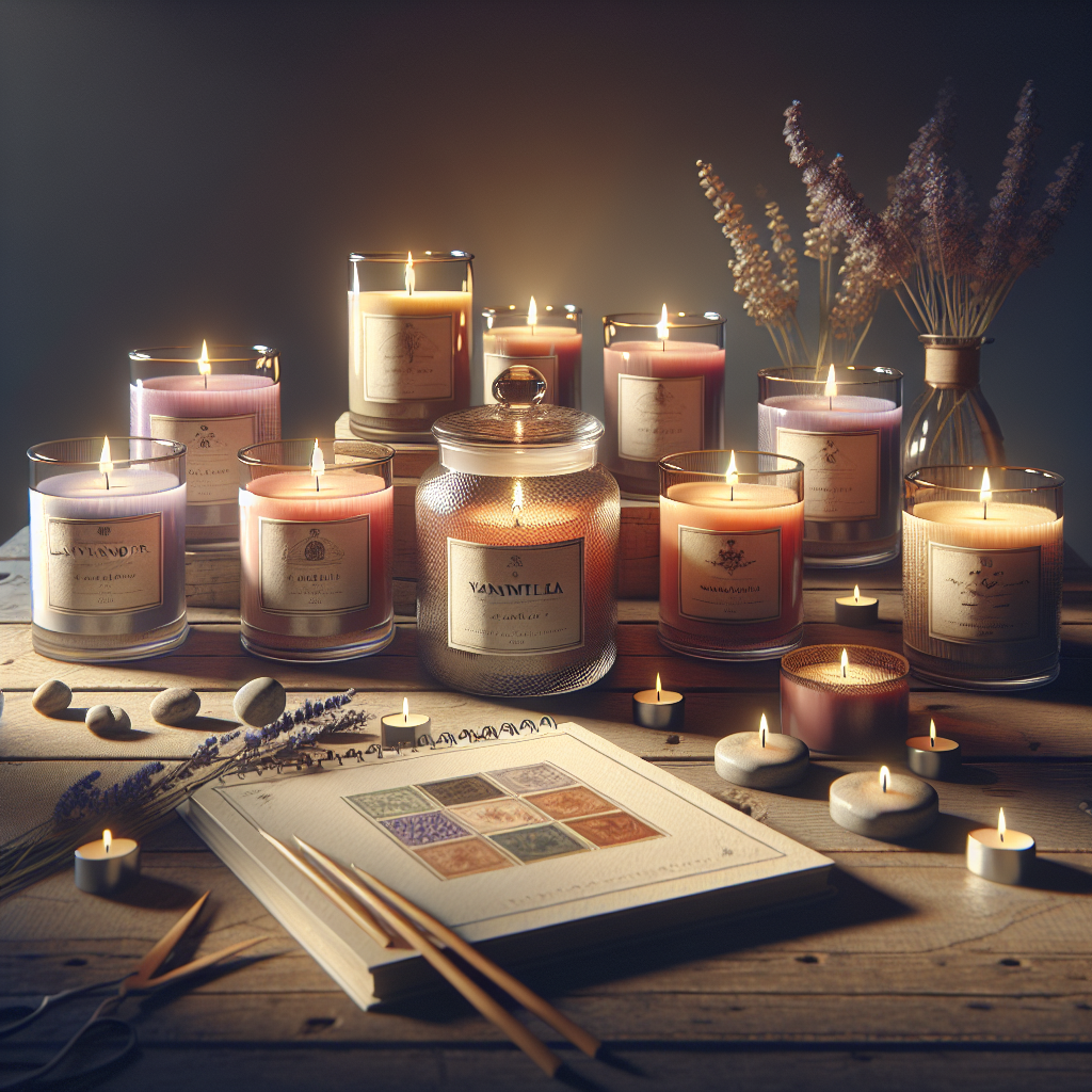 A cozy and realistic setting with various scented candles on a wooden table, each in uniquely designed jars.