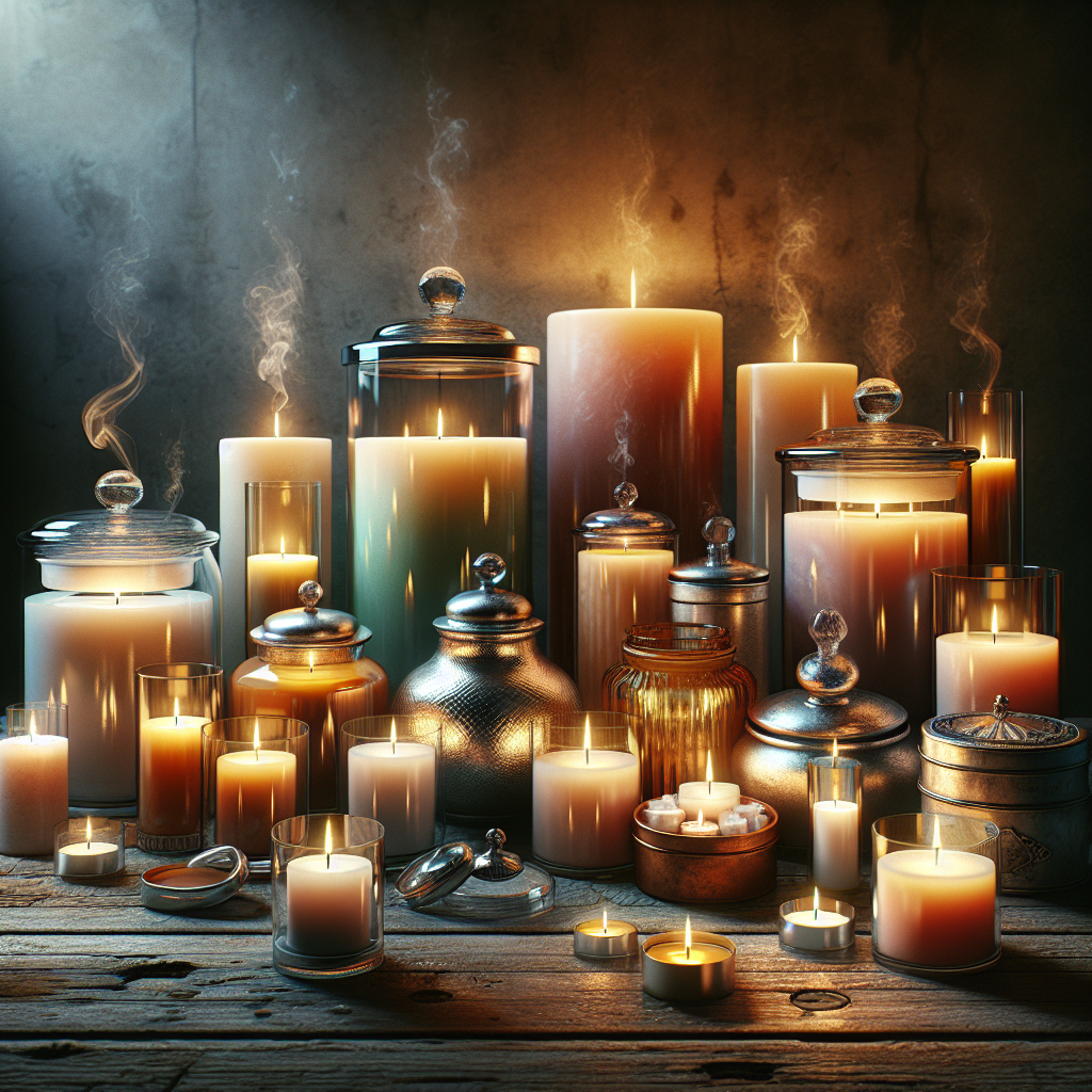 A variety of scented candles on a wooden table in a cozy setting.