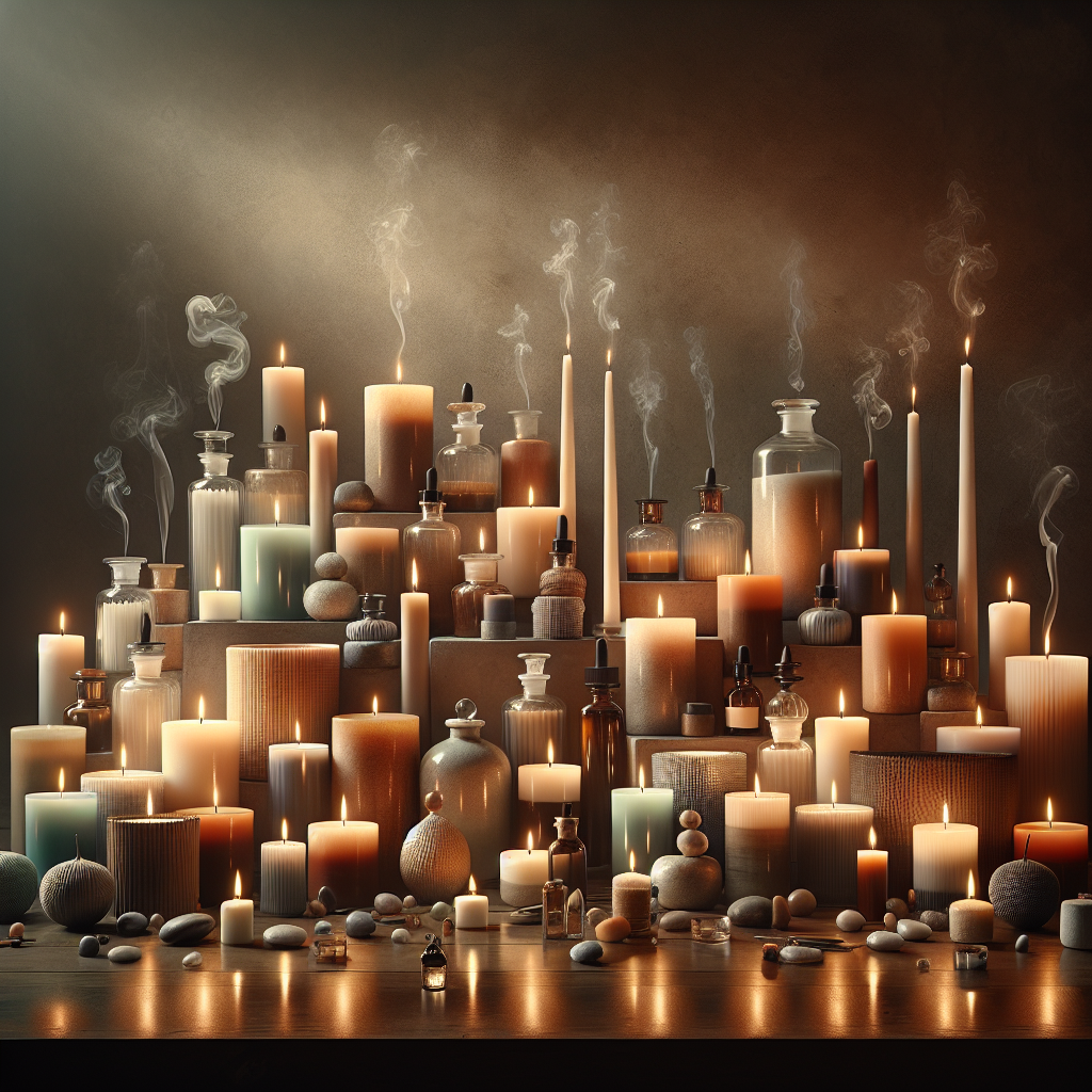 A realistic image of various scented candles on a table, some lit and releasing wisps of smoke, with a cozy background.