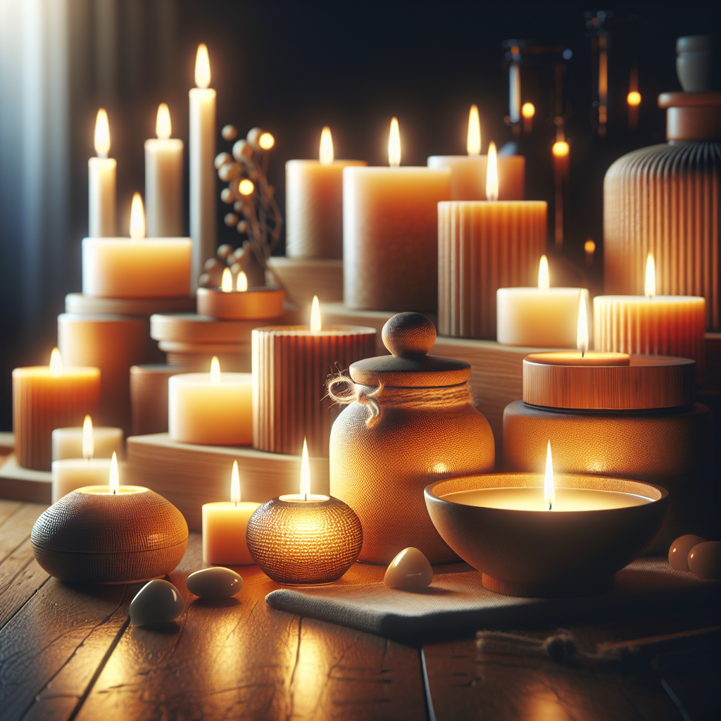 Aromatic candles arranged on a wooden table in a cozy, peaceful setting.