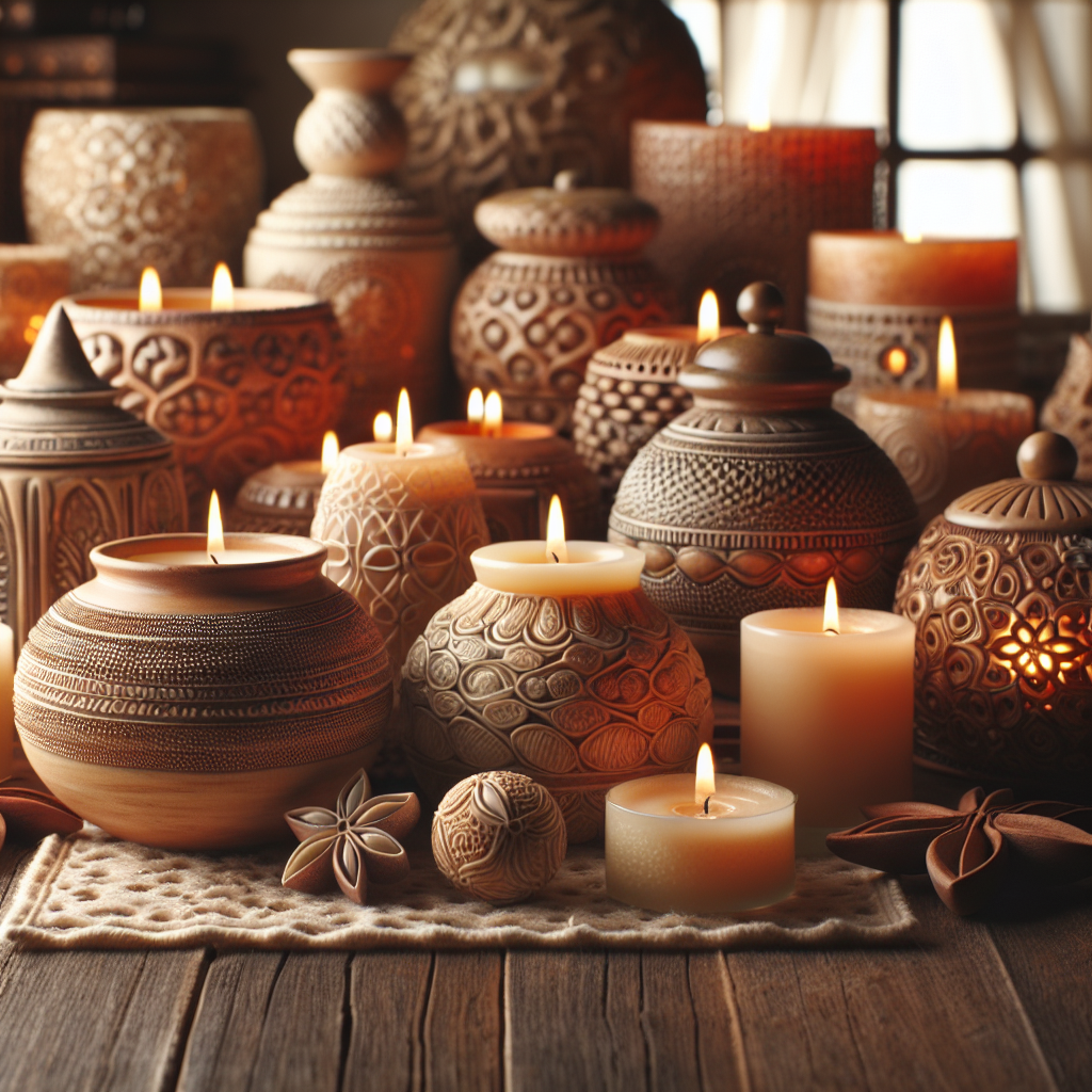 Aromatic candles arranged on a wooden surface.