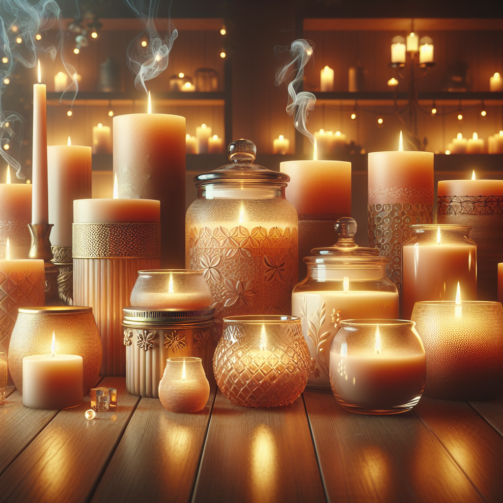 A realistic depiction of scented candles displayed in a cozy setting.