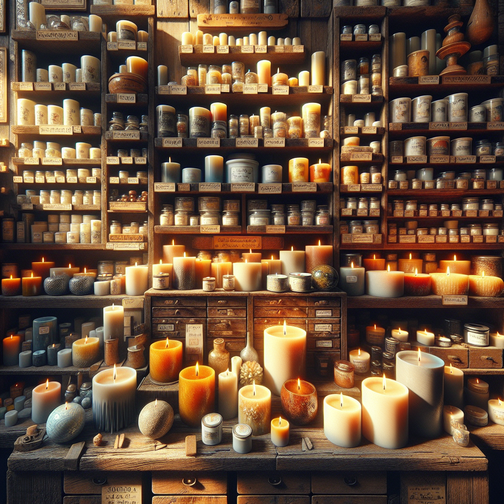 A realistic depiction of a scented candles business with a display of various candles on rustic wooden shelves illuminated by natural light.