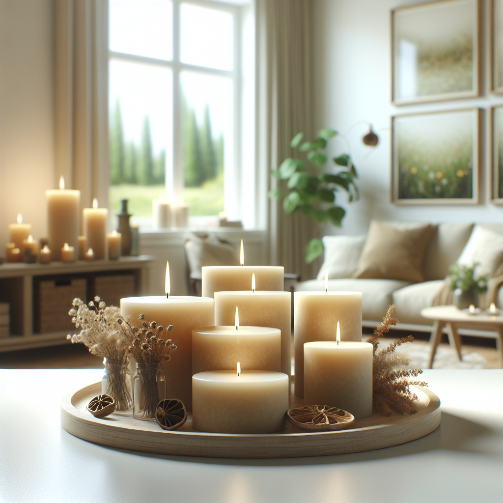 A realistic depiction of soy candles in a cozy setting, highlighting their natural and eco-friendly materials and benefits.