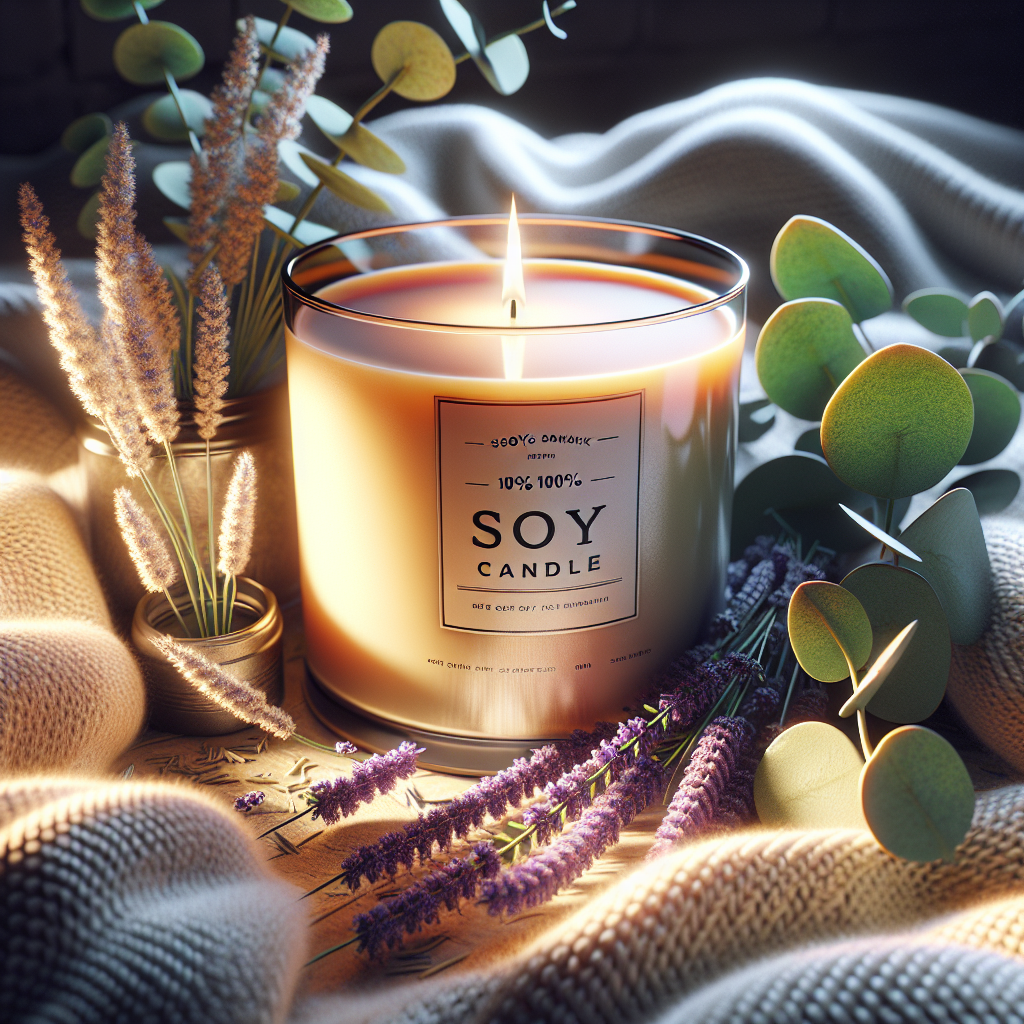 A cozy setting with a lit soy candle, lavender, eucalyptus leaves, and a soft knit blanket.