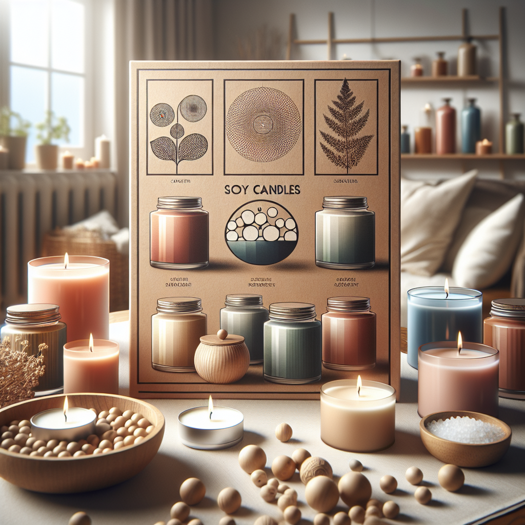 A realistic image of aesthetically arranged soy candles in a cozy living room setting.
