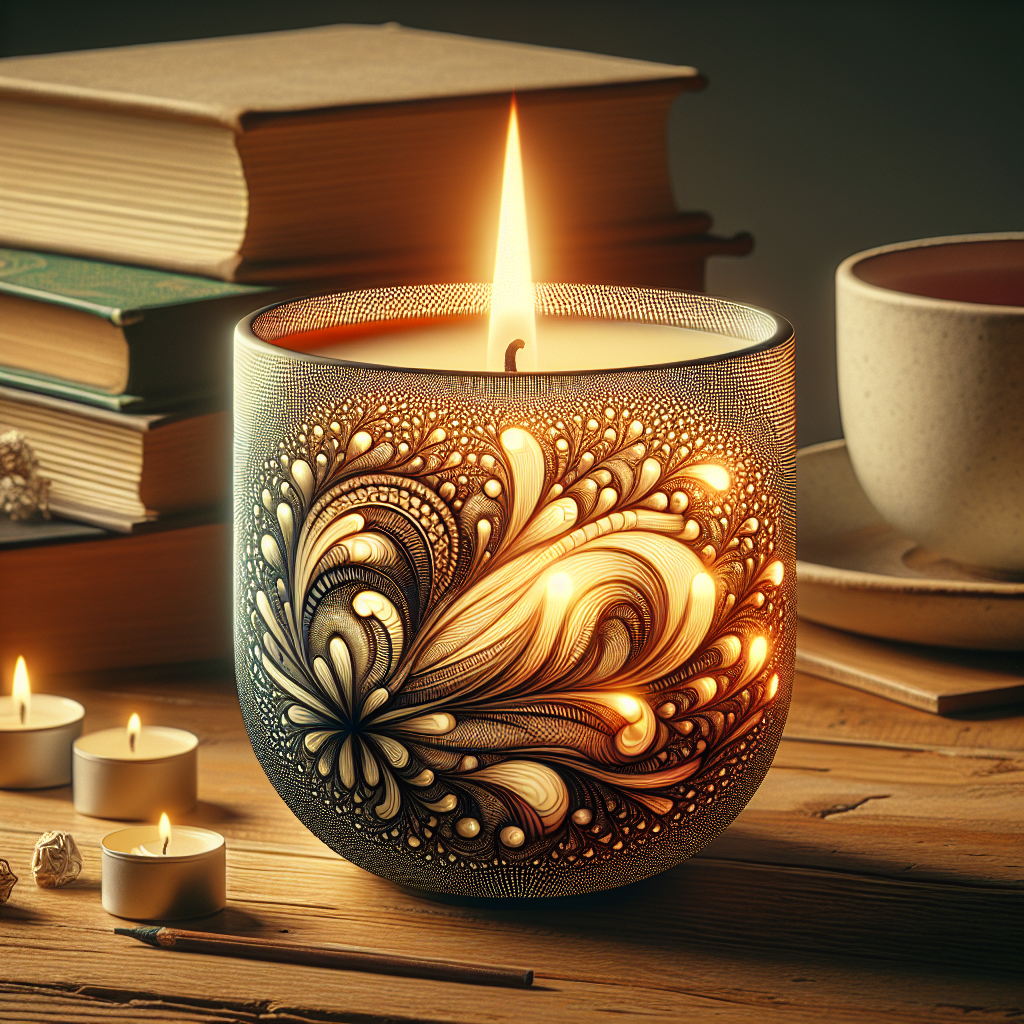 A realistic image of a decorated soy candle burning, placed on a wooden table in a cozy, inviting setting.