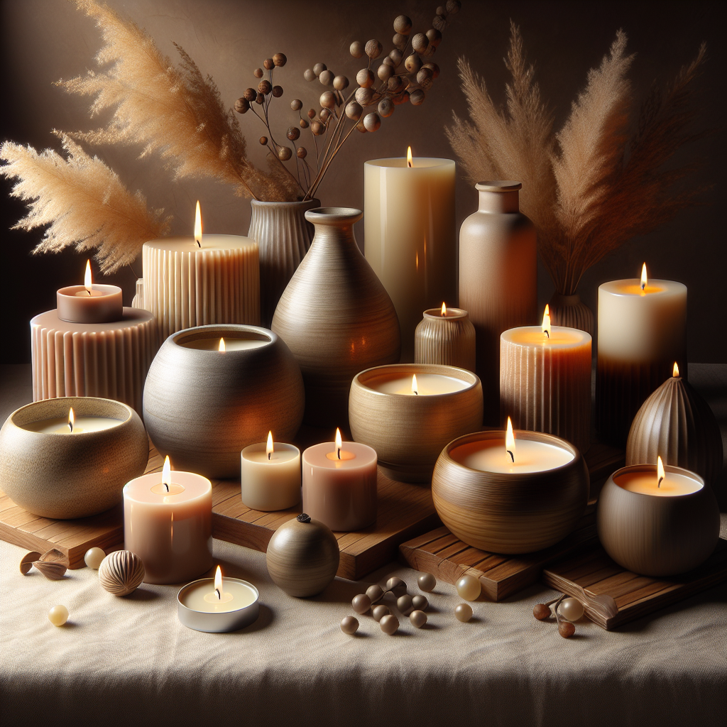 A realistic image of a collection of soy candles in elegant containers, highlighting their natural colors and warm glow.